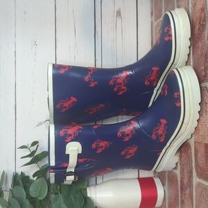 Rare Vintage‎ 90's Navy Blue Red Lobster Heavy Duty Rubber Rain Boots Women's 8